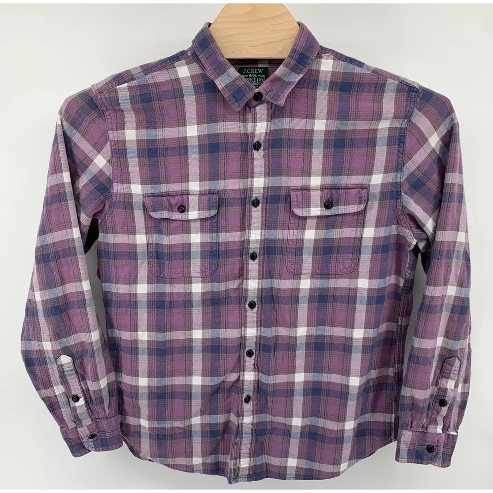 J. Crew Mens Purple Plaid Flannel Button Down Shirt Large Sporting Goods Cotton